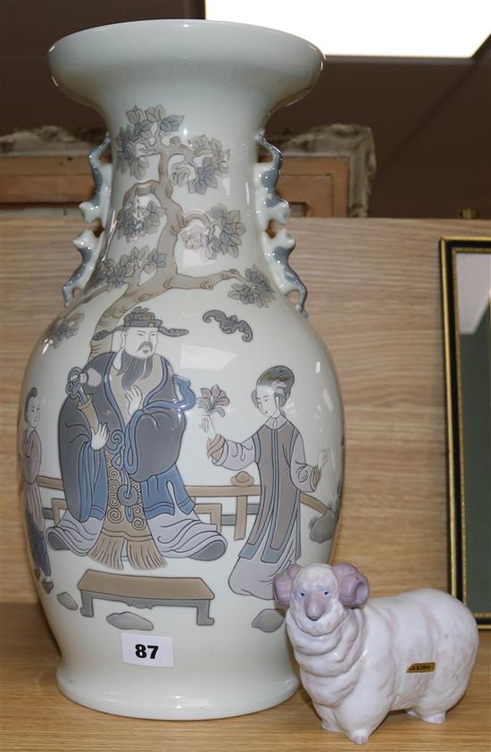 A Lladro vase and a ram figure